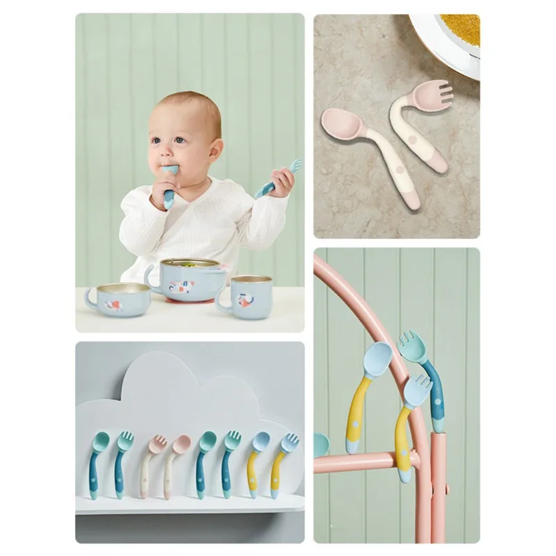 Baby Spoon Fork Set Heat Resistant Soft Bendable Silicone Scoop Fork Kit Tableware Toddler Training Feeding 2Pcs Cutlery Utensil