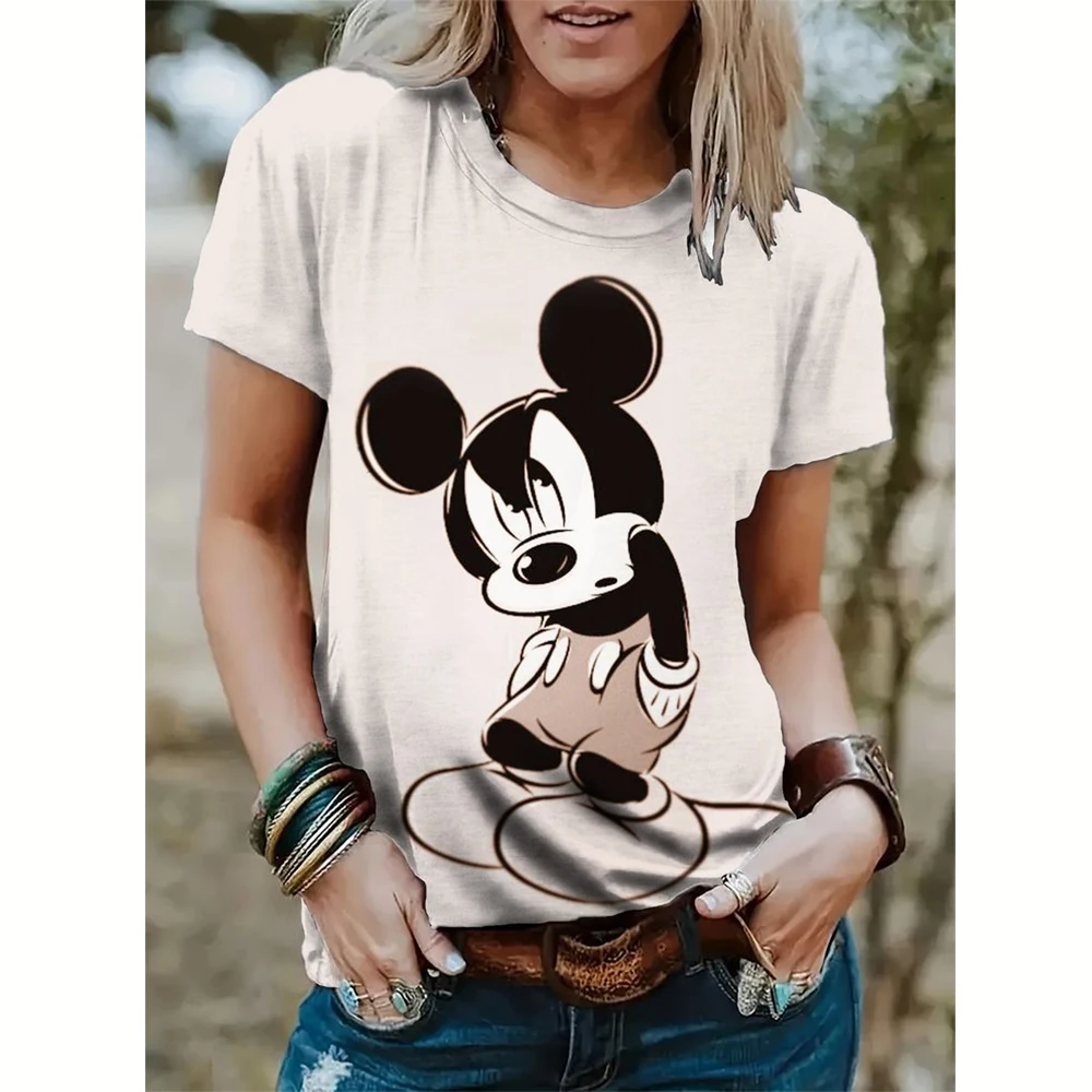 Camiseta con estampado de Mickey Mouse para mujer, camisa de verano para hombre, blusas de moda para mujer, Tops femeninos de Minnie de dibujos animados, ropa Kawaii 2024