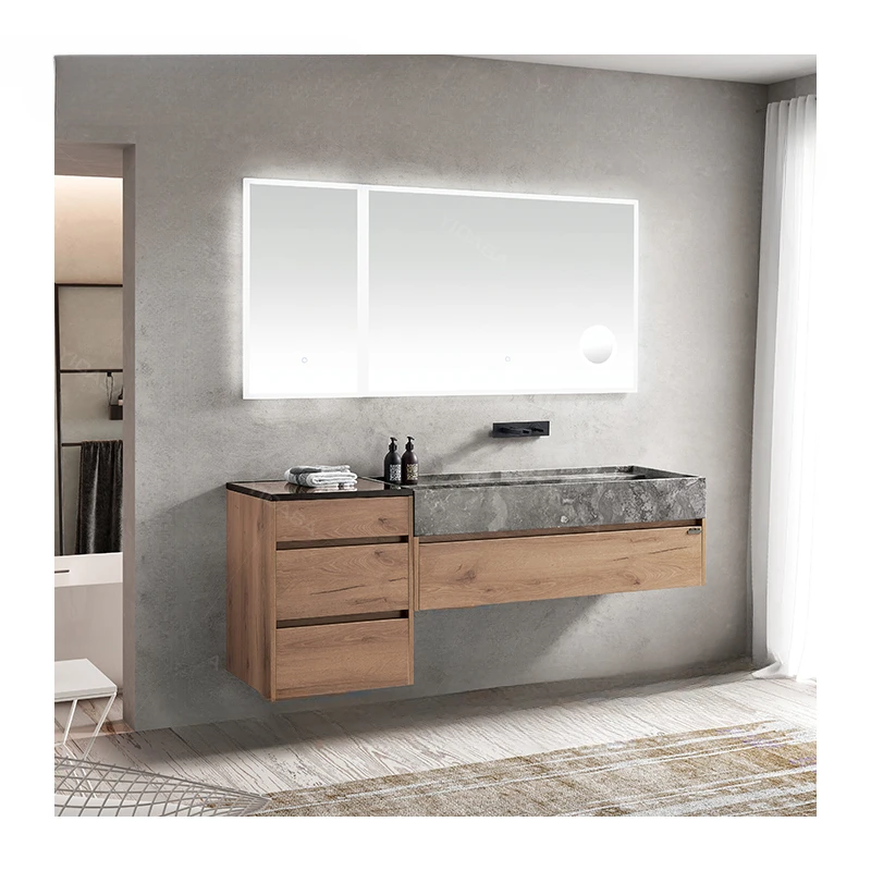 Modern hotel home bathroom vanity cabinet gray natural marble wash basin oak wood bathroom vanity with make up grid side cabinet