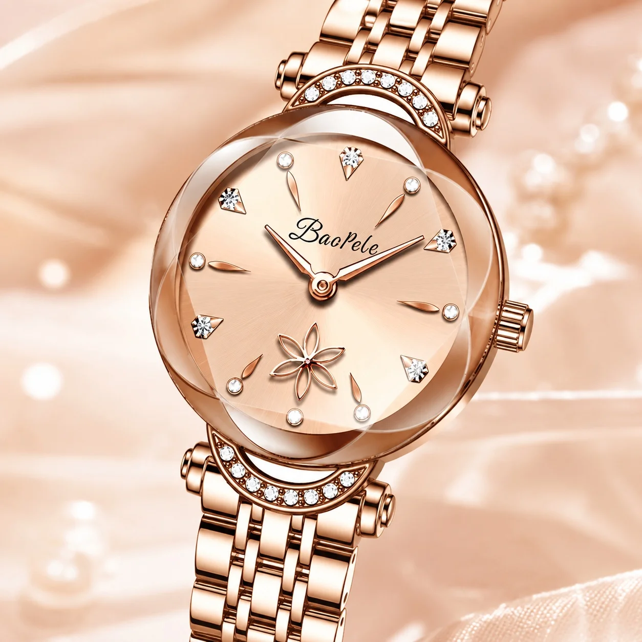 

Women Quartz Watch Rose Gold Stainless Steel Bracelet Rhinestone Flower Dial Luxury Fashion Casual Wristwatch Gift
