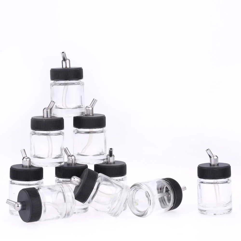 10PCS Airbrush Glass Bottles Air Brush Bottle (Jars) with 30° Angle Adapter Lid Assembly Using on Airbrushes