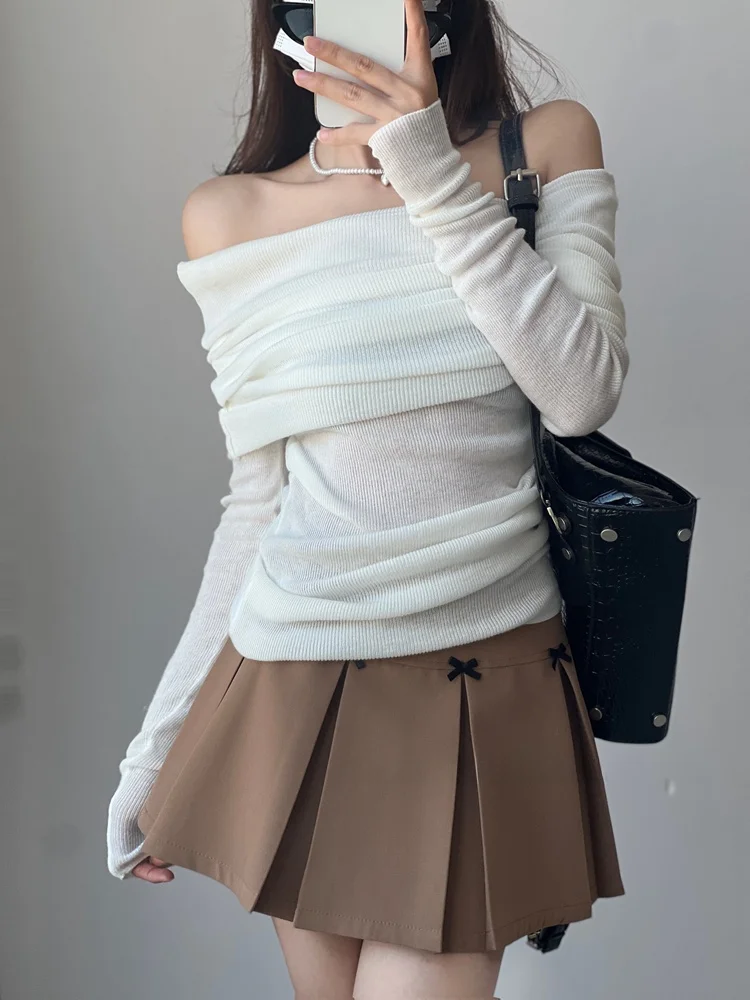 Retro Hong Kong Sle Sexy One oulder Large Collar Soft Cozy Long Sve Knitted Sweater Slim Fit Wine Red Spring Autumn