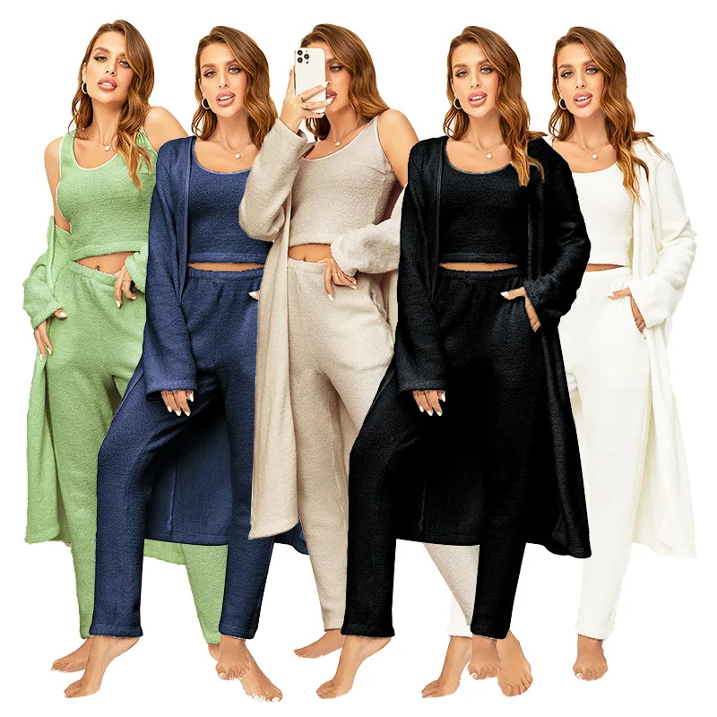 

Autumn Winter Female 3PCS Pajamas Set Long Robe Sleepwear Thicken Warm Fleece Female Bathrobe Trouser Suits Loose Home Wear