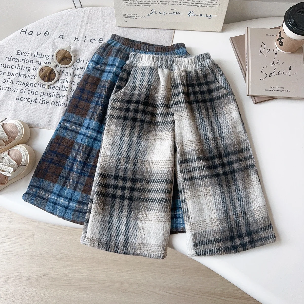 Toddler Girls Fleece-Lined Pants Plaid Wide-Leg Winter Trousers with Thick Warm Lining for Casual Thermal Bottoms