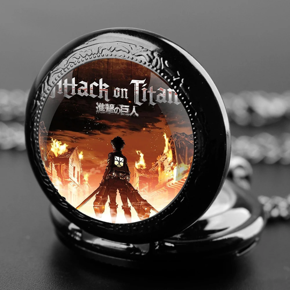 Attack on Titan Design Glass Dome Quartz Pocket Watch With Durable Chain Arabic Numeral Dial For Men And Women Creative Gifts