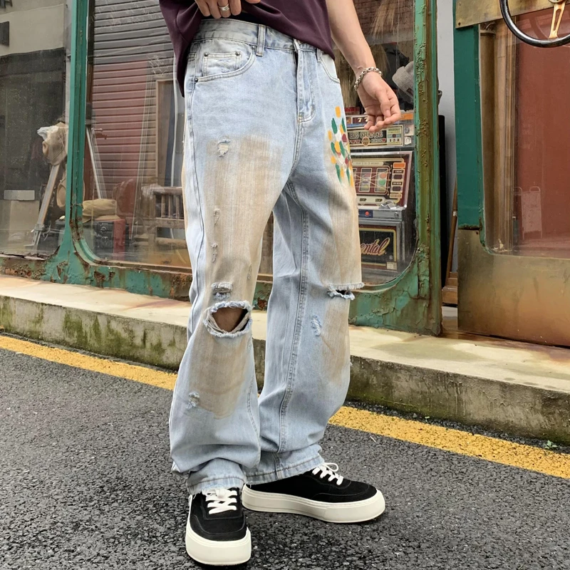 Street Personalised Trendy Printed Men's Jeans Washed Vintage Dirty Loose Straight Casual Pants Stylish Wide Leg Men's Jeans