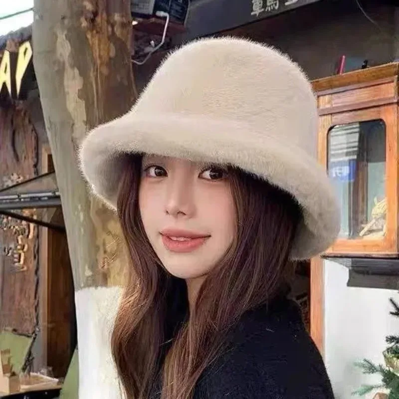 

Fashionable Fluffy Autumn/Winter New Arrival Oversized Headwear Korean Style Versatile Trendy Face-Slimming Insulated Bucket Hat