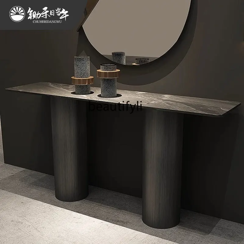 Italian minimalist light luxury non-embroidered steel entrance platform rock slab entrance table corridor end view platform