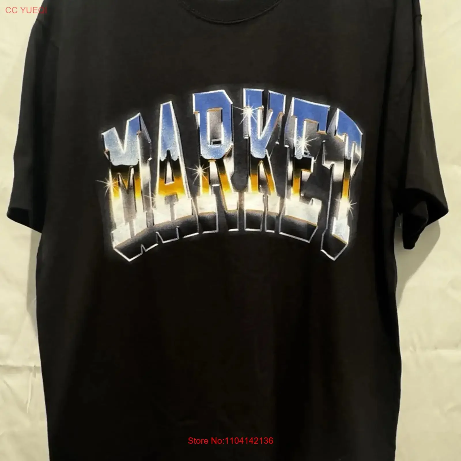 MARKET T-shirt Chrome Arc noir 100% coton pour homme, taille L, style vintage délavé, streetwear décontracté, légèrement extensible, confortable