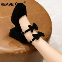 REAVE CAT 2024 New Women Pumps Flock Pointed Toe 8.5cm Block Heel 2cm Platform Buckles Brand Design Big Size 42 43 Apricot Black