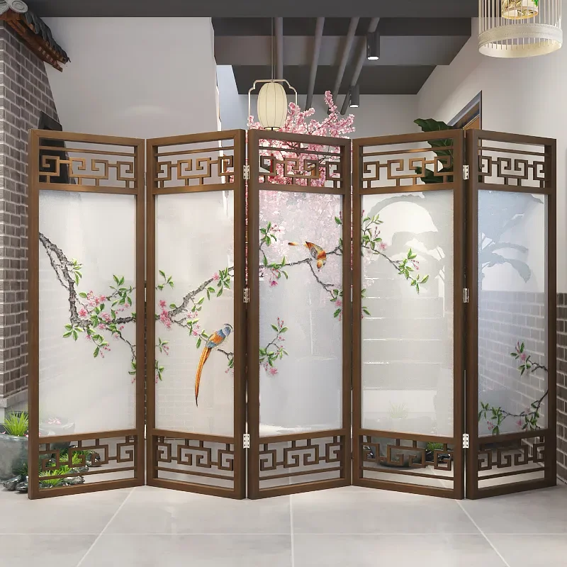 New Chinese Solid Wood Double Sided Embroidery Folding Screen Room Divider for Living Room Office Tea House