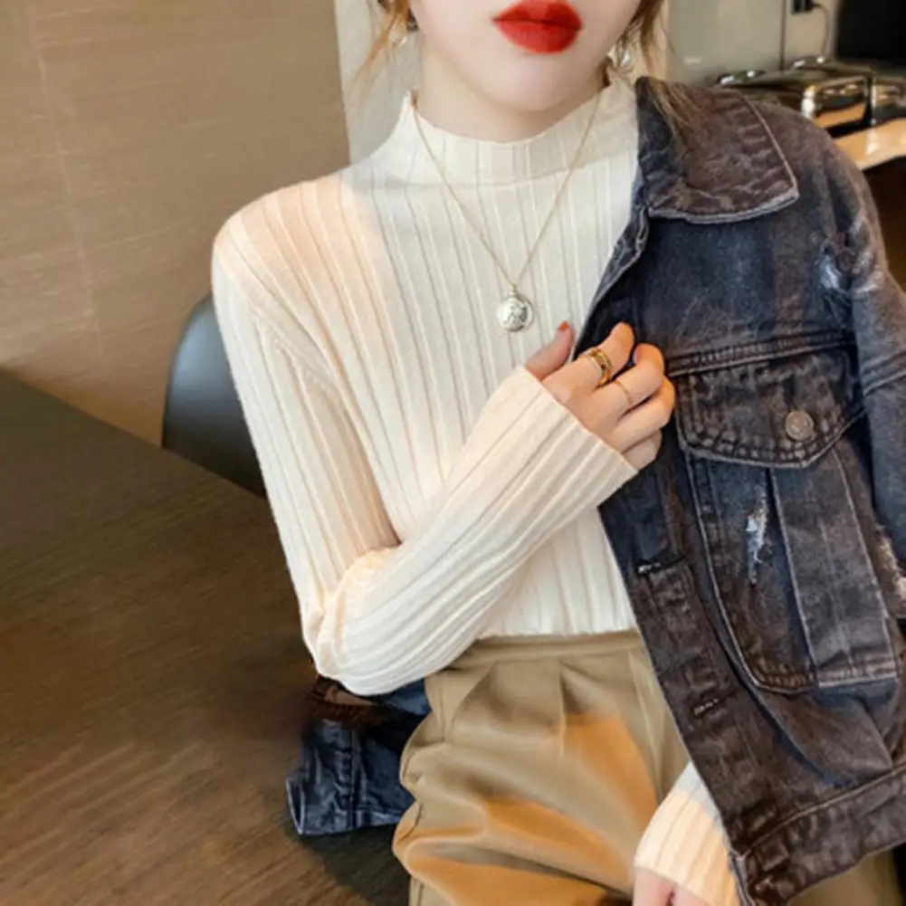 

Women Half-high Collar Sweater Elegant Striped Slim Fit Sweater for Women Half-high Collar Knitted Top with Neck for Fall