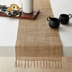 Borla Tablerunner de yute Natural para Navidad, decoración de mesa para el hogar, bandera de mesa, tela, decoración de boda, camino de mesa