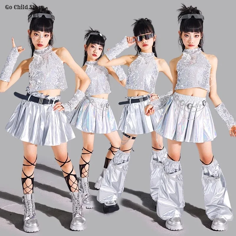 Hip Hop Girls Sequin Silver Crop Top Shiny Pleated Skirt Kids K-pop Streetwear Children Jazz Girl Group Street Dance Clothes Set