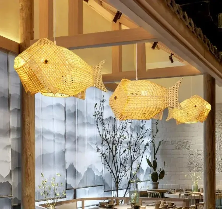 

Nordic modern carp chandelier creative fish art bamboo lamp Japanese sushi Southeast Asian bamboo chandelier