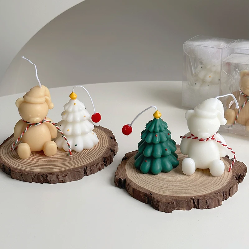 Creative Christmas Tree Candle Mini Atmosphere Cartoon Bear Shape Candle  Xmas New Year Decor Handmade DIY Gift