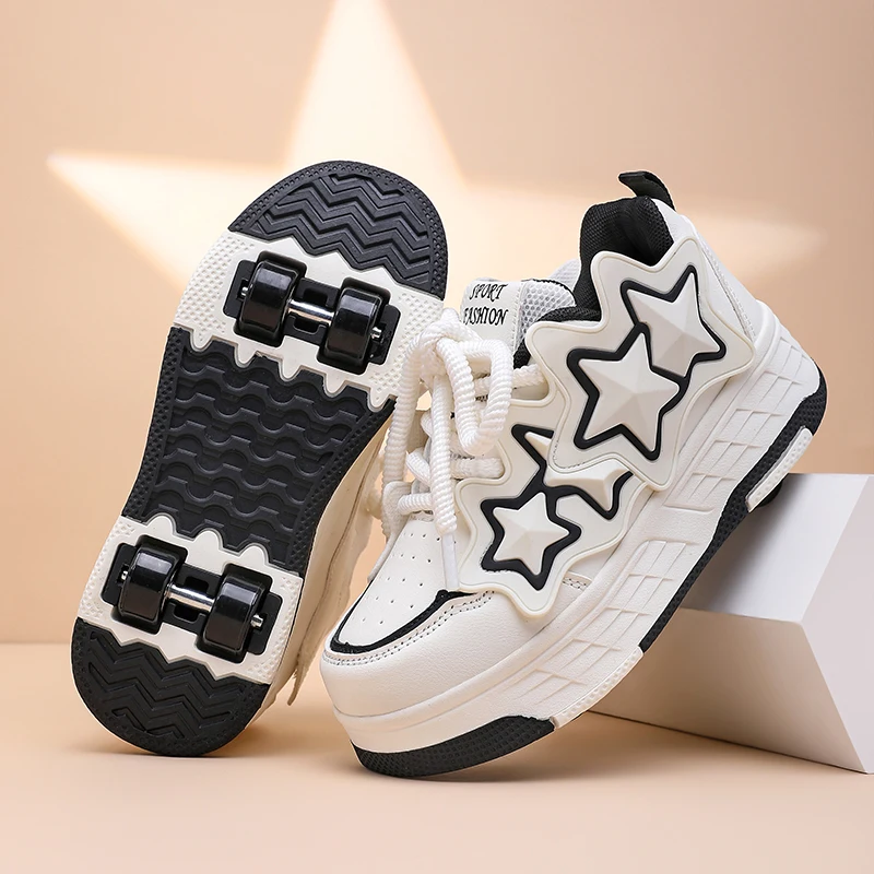 New Stars Children Sports Shoes Small Four-wheels Wear-resistant Leather Parkour Comfortable Stable Outdoor Sports Roller Skates