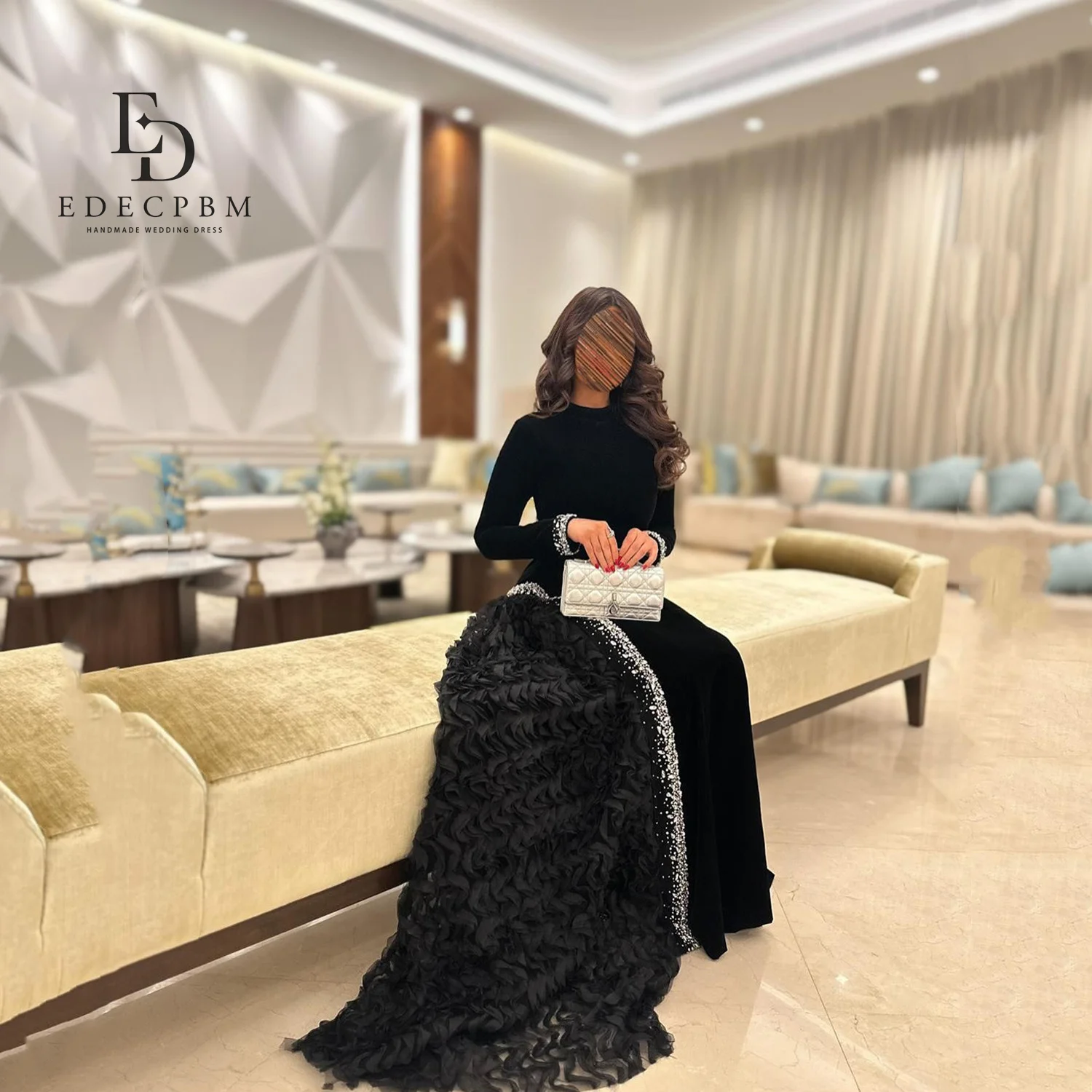

EDECPBM Long Sleeves Evening Dresses for Special Occasions فساتين سهرة Women's Prom Dress 2025 Vestidos De Festa Black Mermaid