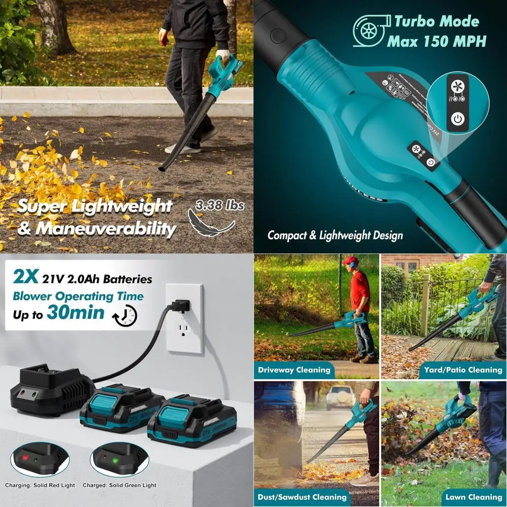 

21V Cordless Electric Leaf Blower with 2 Batteries, Charger, 2 Speeds, Lightweight for Lawn and Patio Cleanup
