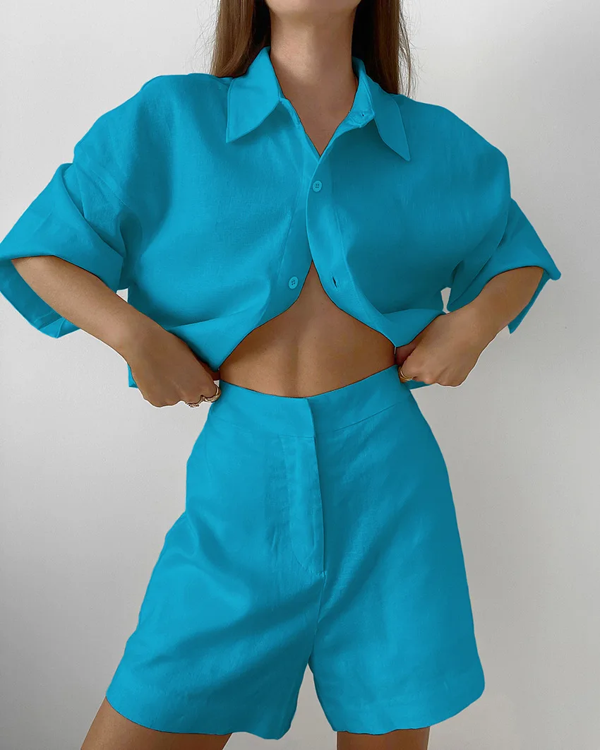 Modisches Hemd aus reiner Baumwolle, zweiteiliger Anzug, Sommer, neue Fünfviertel-Ärmel-Shirts + Shorts-Anzug, 2025, einreihige Damen-Top-Sets