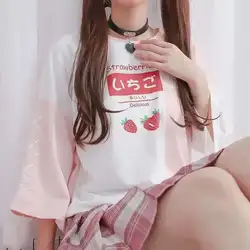 Harajuku Strawberry Juice Graphic Print Women's T-shirt 2025 Summer Patchwork Color Cute Tshirt Pink Top School Girls Tee Shirts
