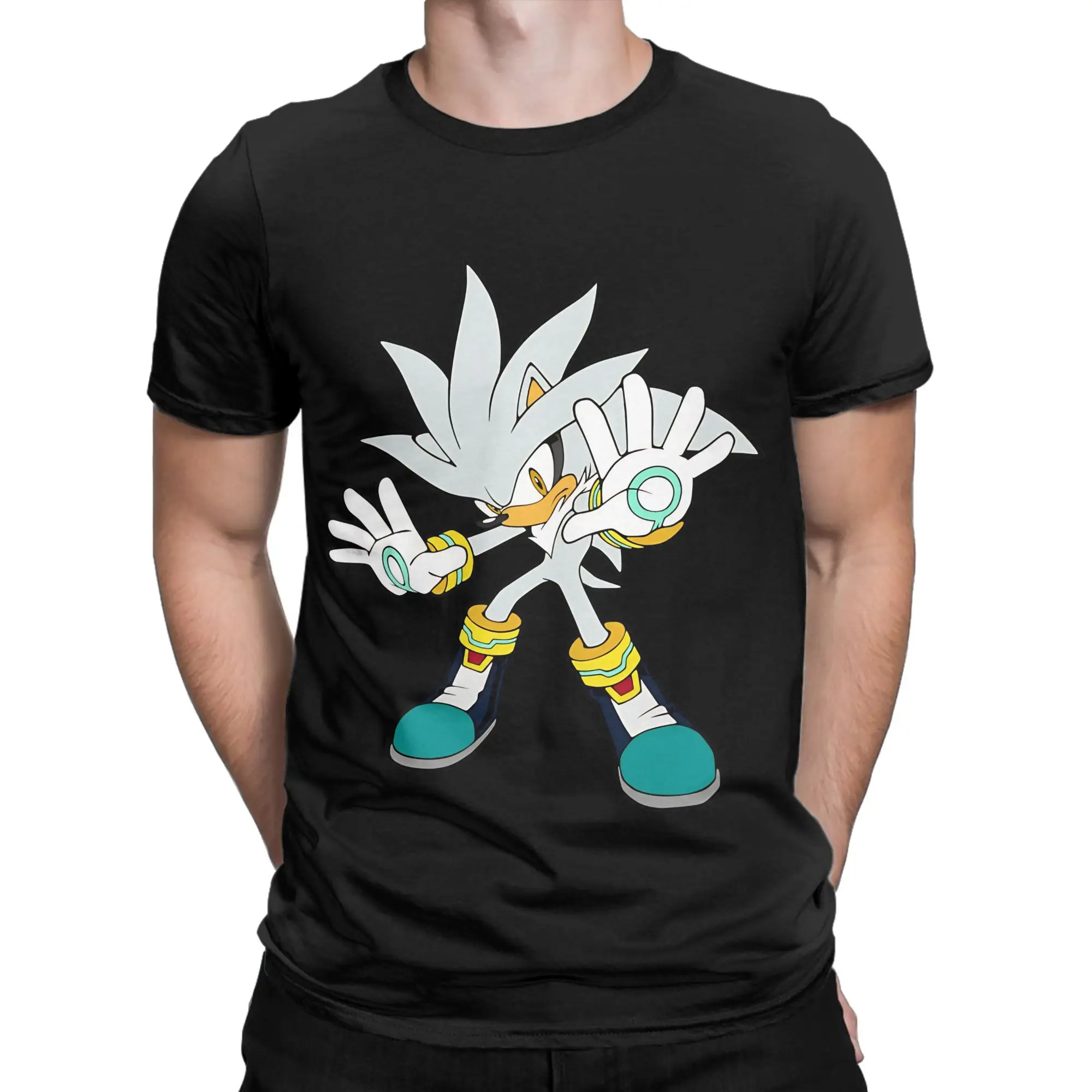 Silver sSonic the Hedgehog Novelty 100% Cotton T-Shirt sSonic the Hedgehog Tees Tops For Men