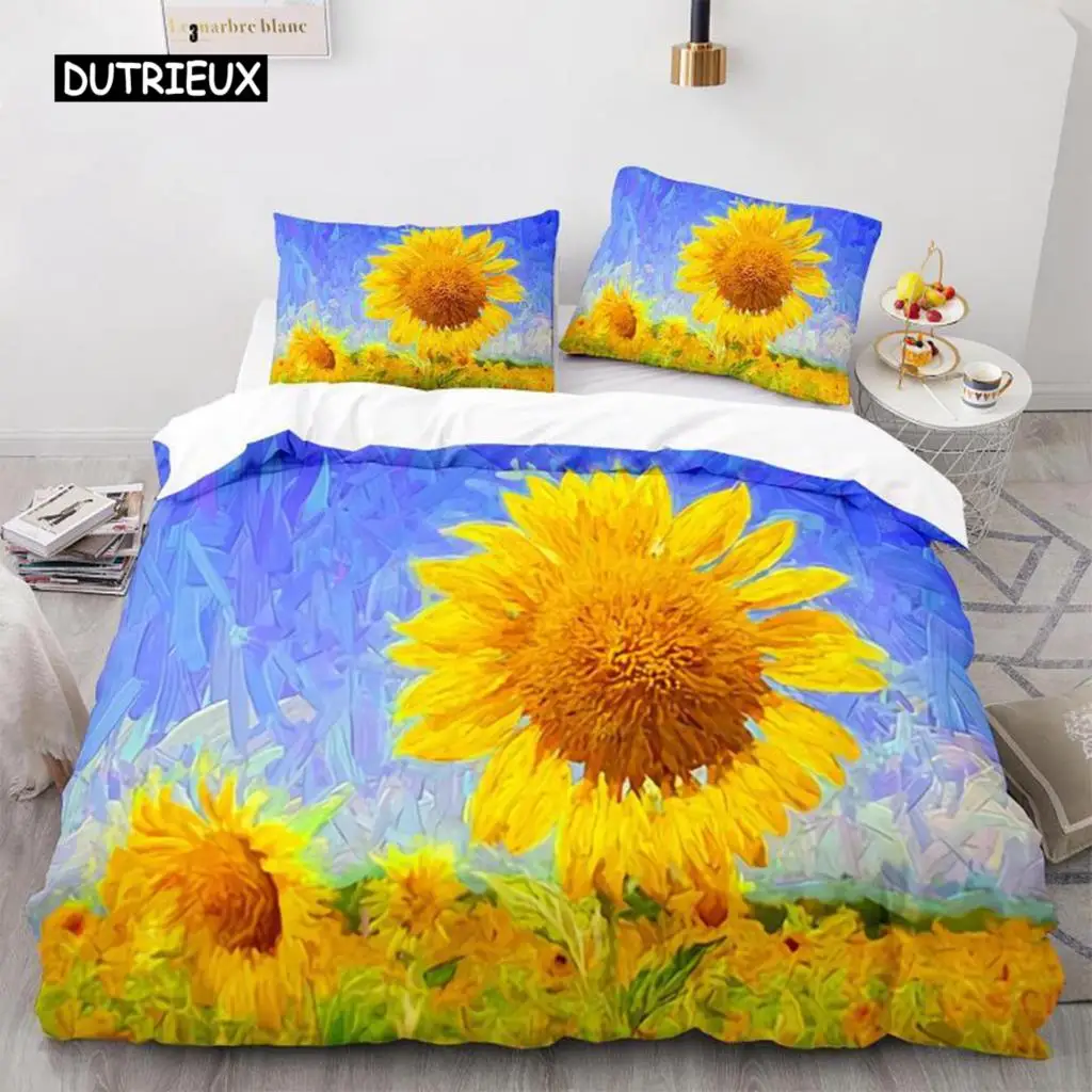 Oil Painting Duvet Cover Set Queen Blooming Sunflowers Twin Bedding Set Blue Sky White Cloud Landscape Polyester Comforter Cover