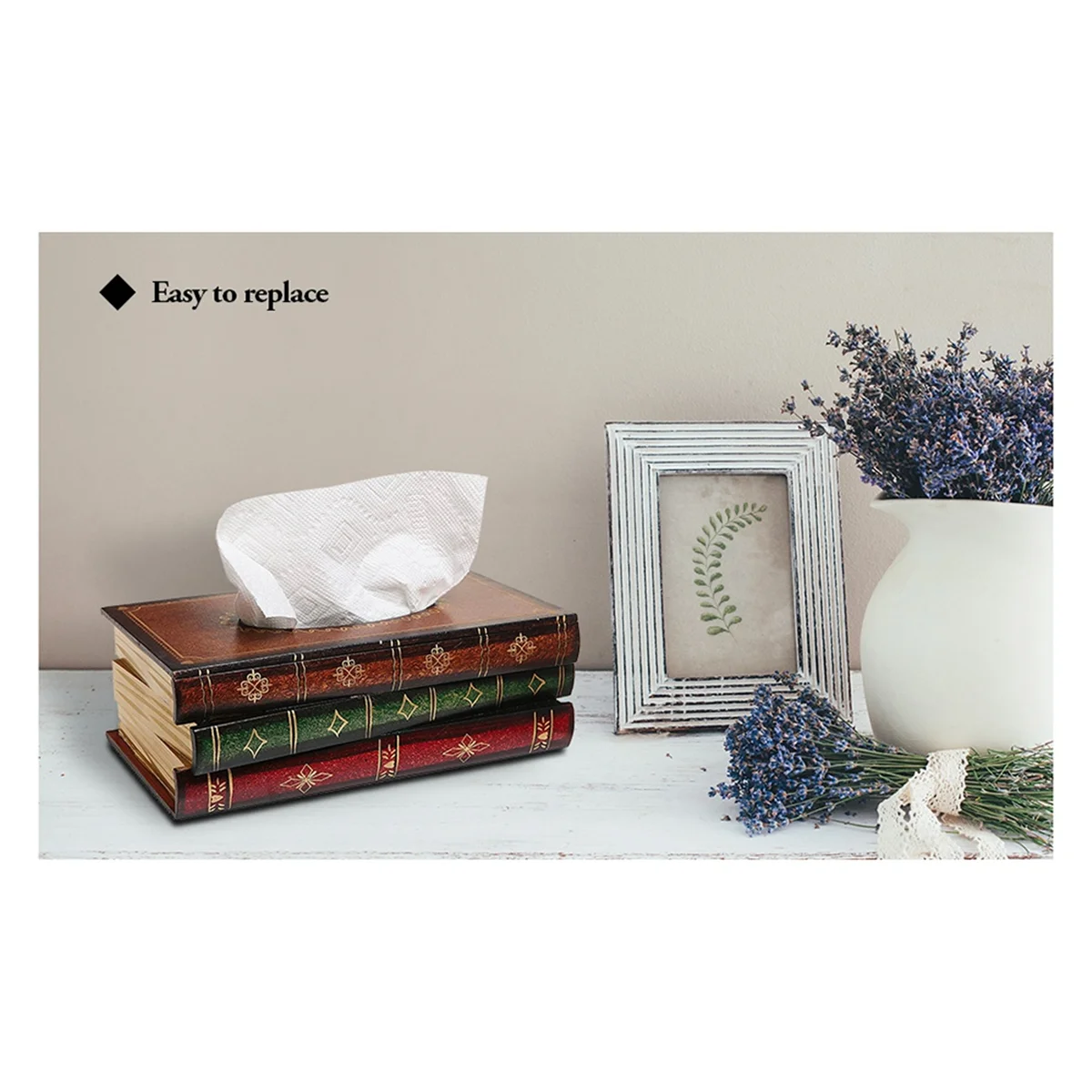 Vintage Stacked Books Design Solid Wood Tissue Box Holder Rectangular with Easy Refill Hinged Top,Red