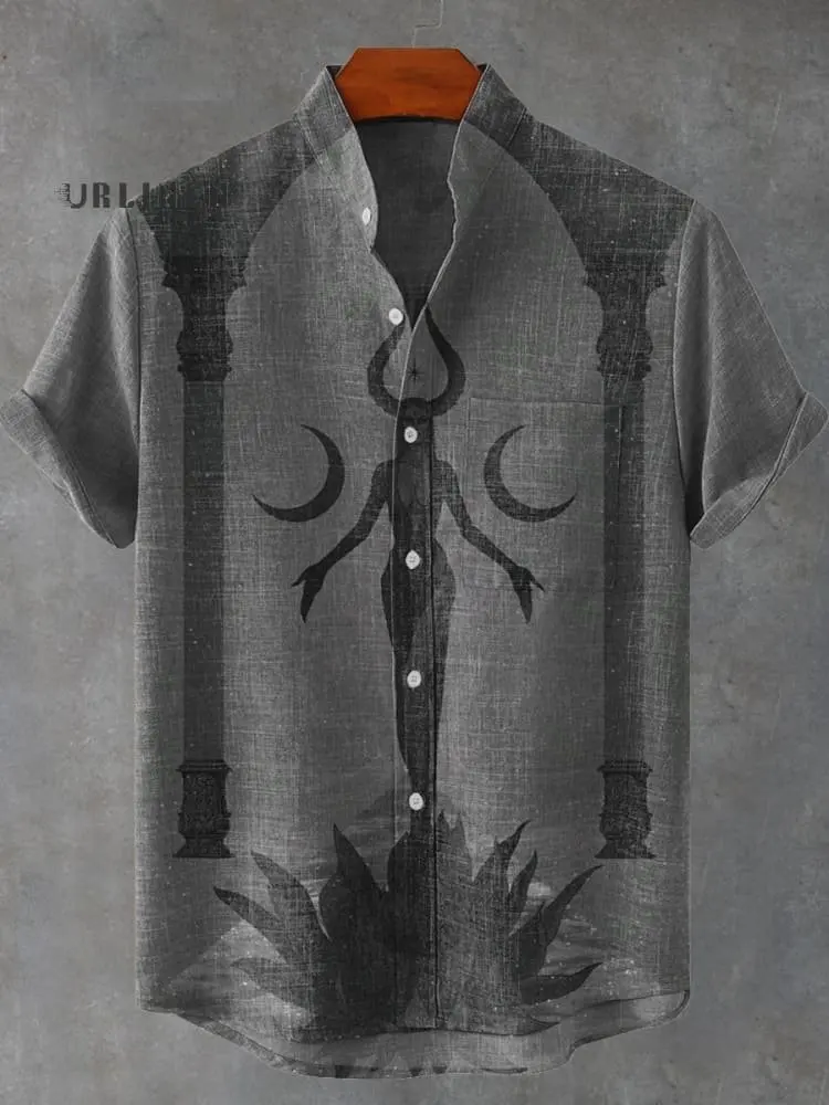 Fashionable 3D printed Halloween funny pattern men's casual loose linen pocket short stand up collar large shirt
