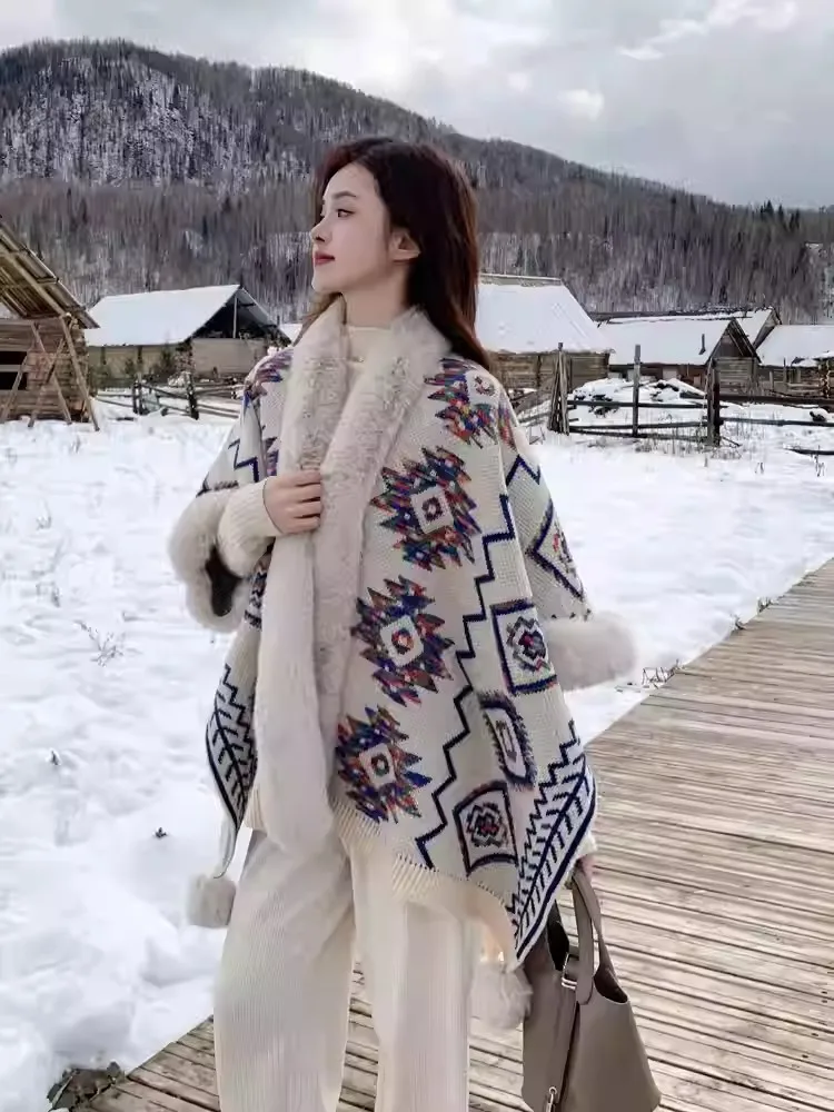 

Осень-зима, бежевый лоскутный свитер с v-образным вырезом, свободные праздничные шаль, винтажный женский короткий плащ с рукавами семь четвертей, уличная одежда