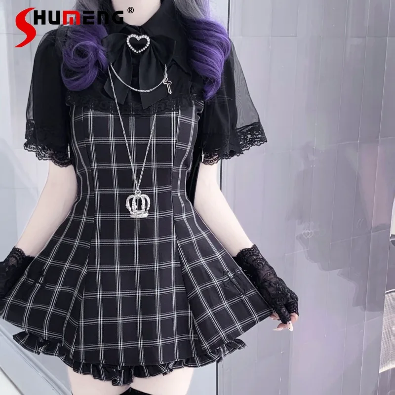 

Japanese Sc Rojita Plaid Slim Dress Two Pieces Set Homemade Mine Series Mass-produced Cape Simple Embroidered Vestidos Outfits