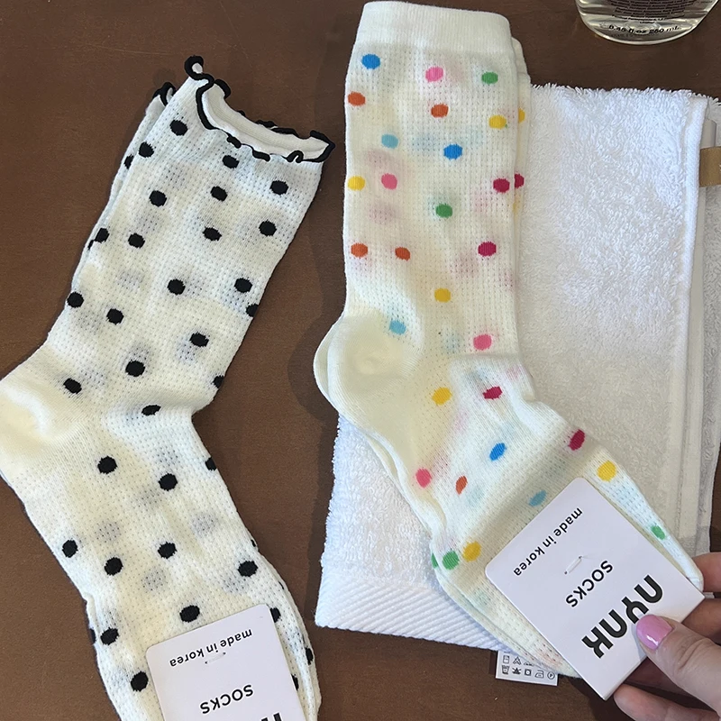 

Y2K Colorful Polka Dot Socks Summer Thin Cotton Hollow Mesh Japanese Tube Heart Sock Korea School Fashion Heart Lace Pile Socks