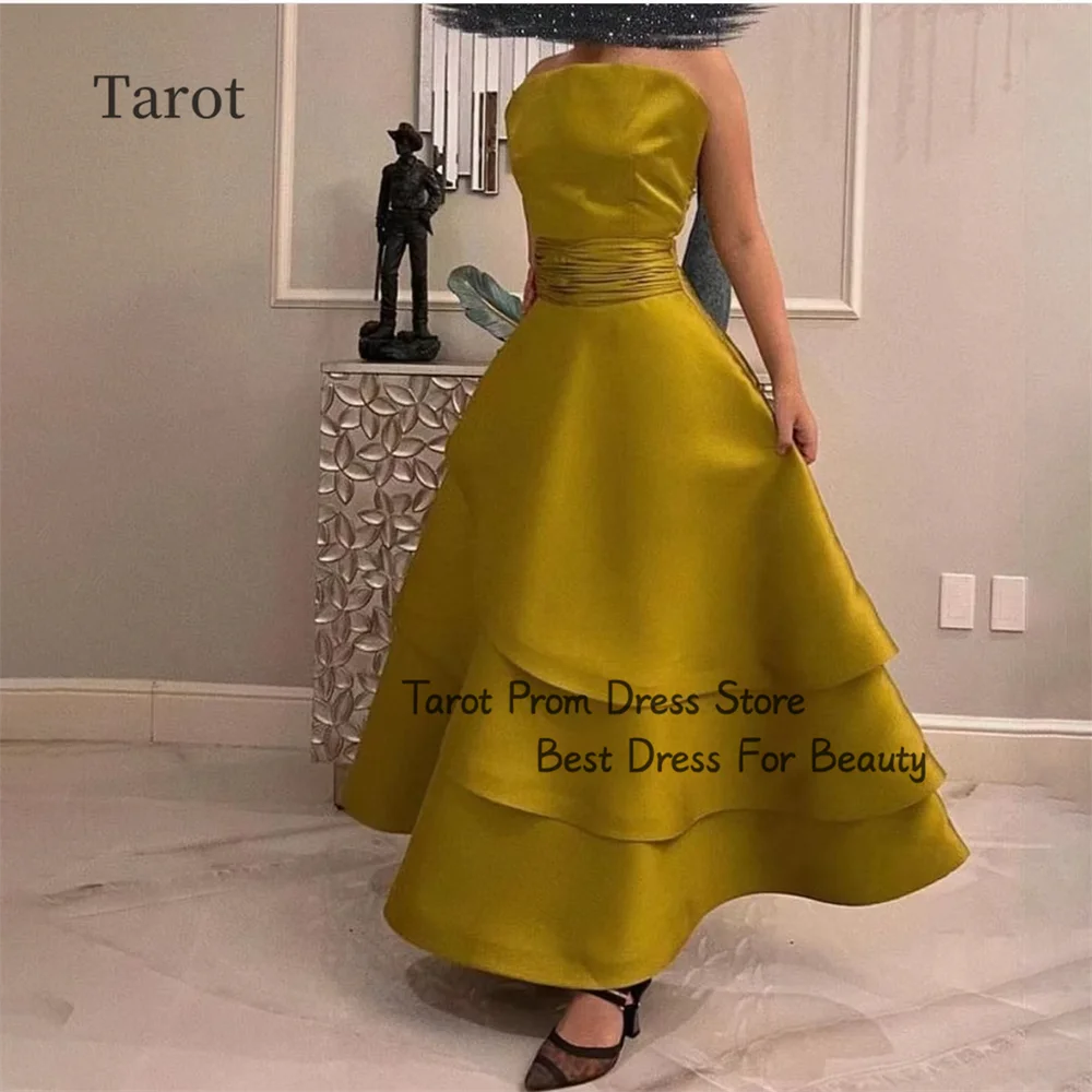 

Tarot Strapless A Line Prom Dresses Satin Pleated Sleeveless Tiered Elegant Evening Dress Ankle Length Saudi Arabia فساتين سهرة