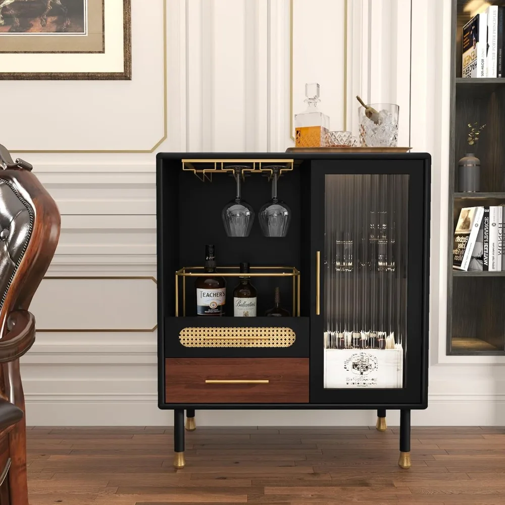 

Modern Coffee Bar Cabinet with Wine Glass Rack and Drawers, Black Liquor Cabinet with Pull-Out Wine Storage for Kitchen