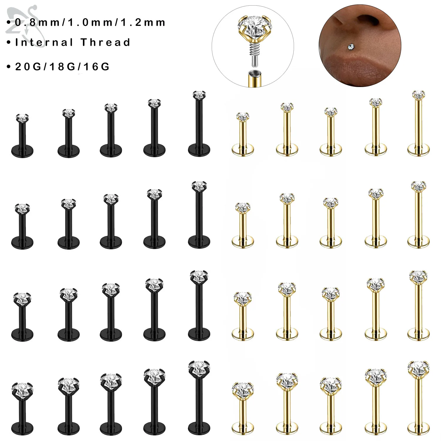 ZS 1PC 16G/18G/20G 316L Stainless Steel Lip Labret Piercing Internal Thread Style Lip Ring Crystal Ear Tragus Helix Earrings