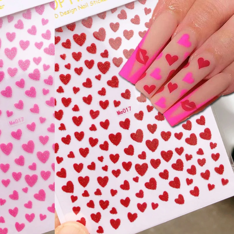 Nail Art 3d Stickers Valentine Day Shine Glitters Red Rosepink Love Hearts Adhesive Sliders Decals Decorated Nail Manicures