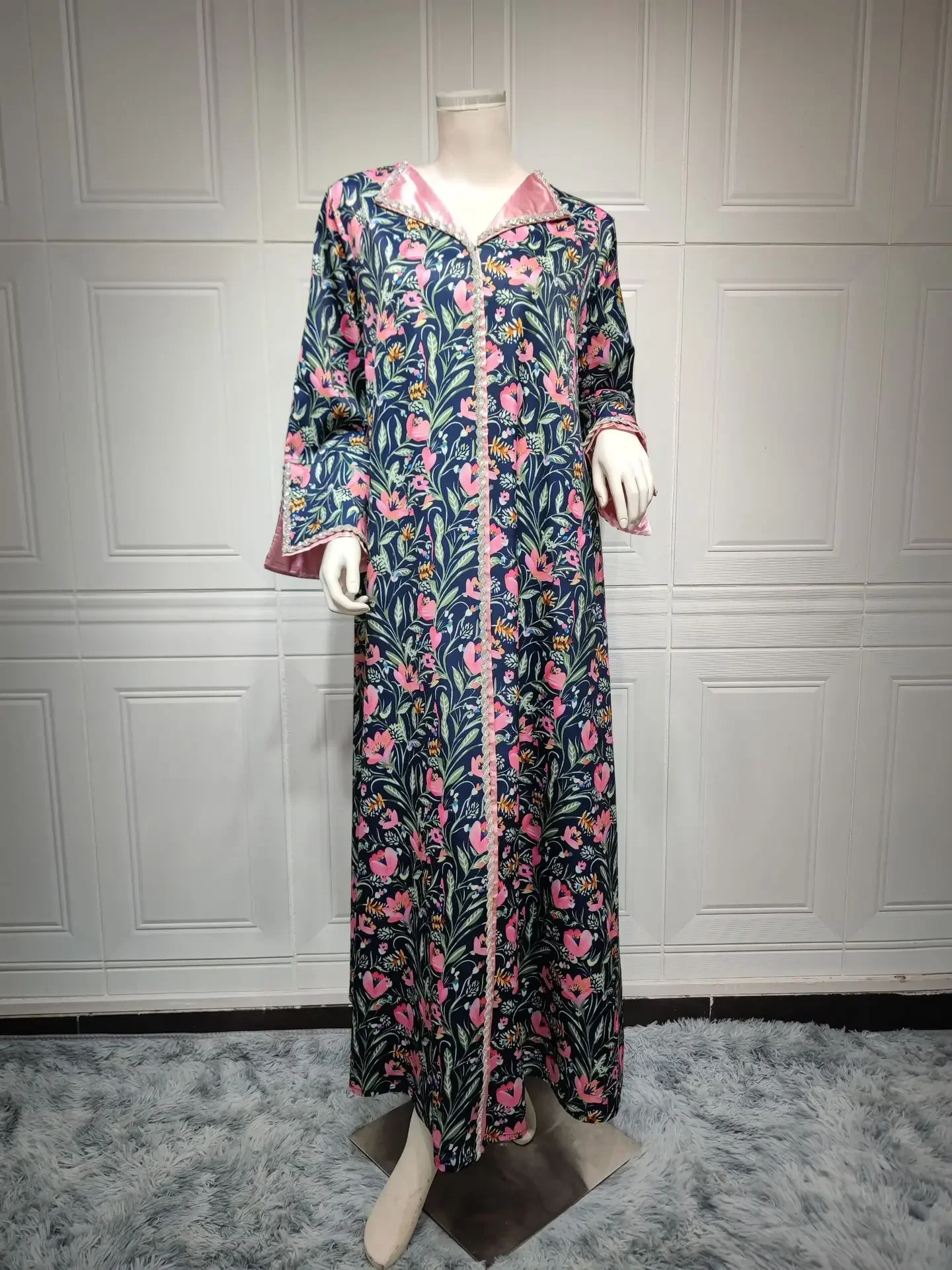 Robe Longue Imprimée à la Mode Musulmane pour Femme Abayas à Col Rabattu, Kaftan de Printemps, Style Bohème Floral, Éducatif, Dubaï