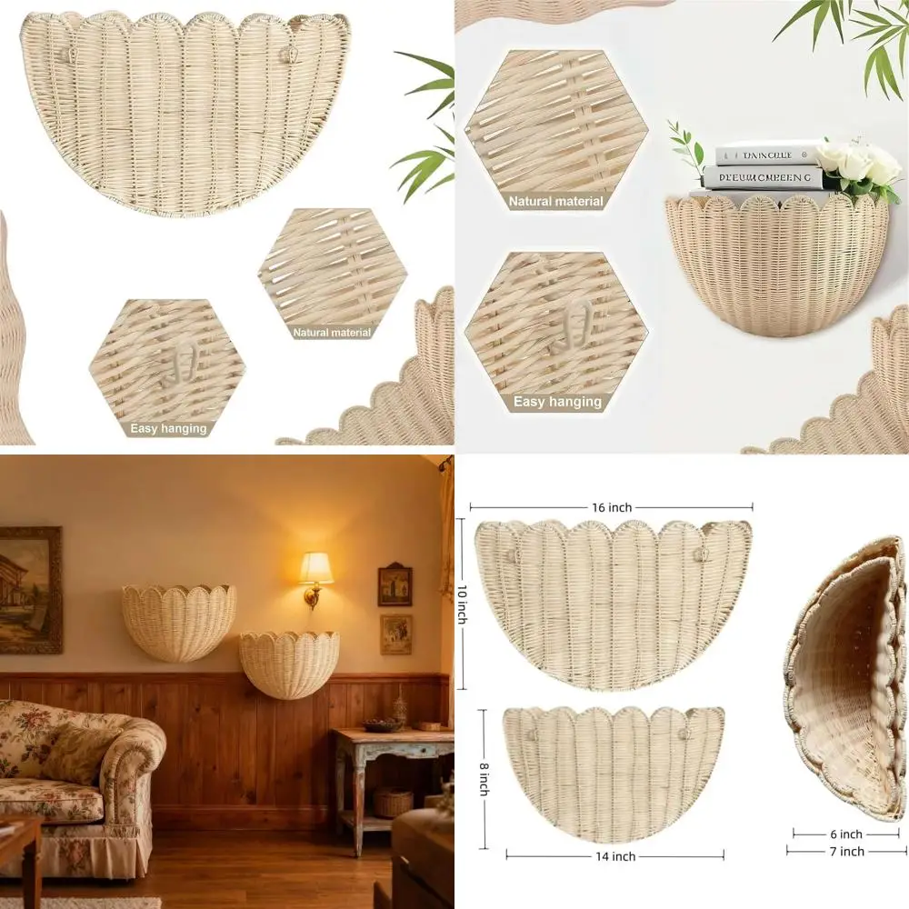 

Настенные корзины с фестончатым краем, набор плетеных корзин ручной работы из ротанга, 16 x 10 x 7 и 14 x 8 x 6 дюймов, декоративные настенные корзины из ротанга с фестончатым краем