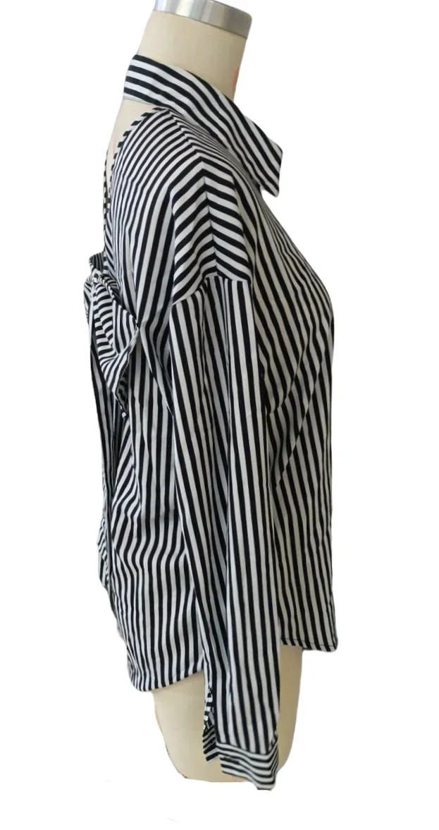 Elegant Women Tops Streetwear 2024 Autumn/Winter New Blouses Striped Printed Back Bow Front Button Long Sleeve Shirt for Female