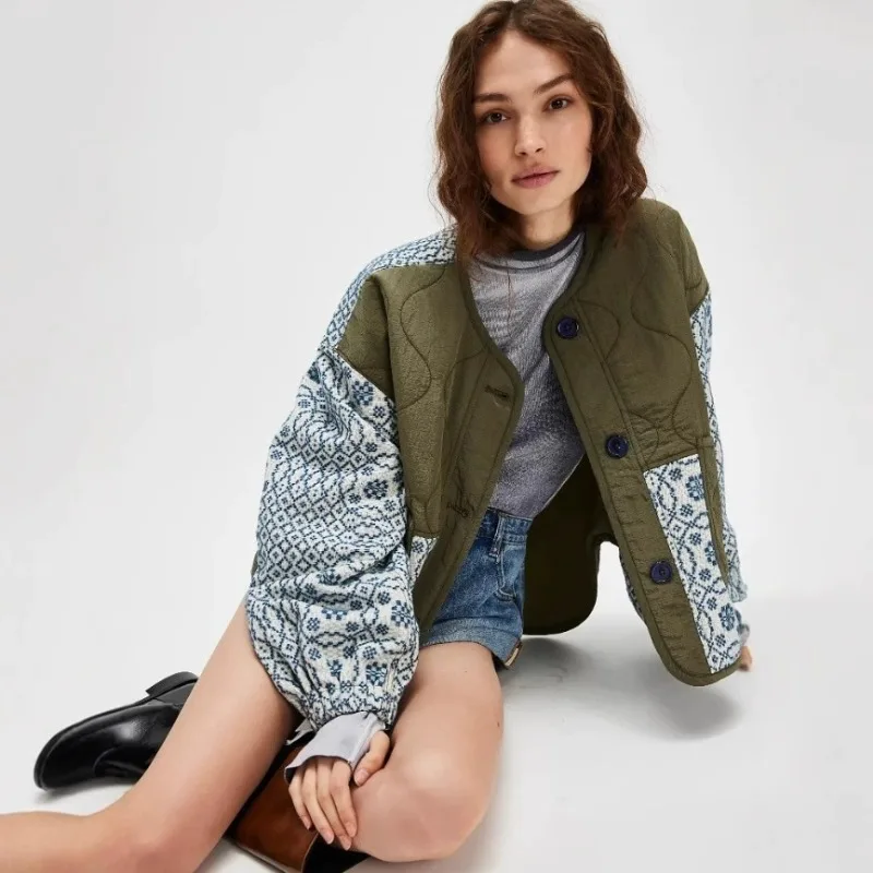 European and American Cross-border New Autumn and Winter Printing Splicing Buttons Women's Short Lightweight Casual Versatile