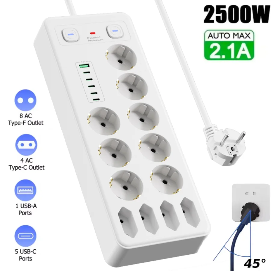 2500W EU-Stecker 18-Steckdosen-Steckdosenleiste mit 1,8m Verlängerungskabel, europäischen Standardsteckdosen und USB-C-Anschlüssen zum Laden