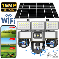 15MP WIFI Solar Camera Three Lens Triple PTZ Camera Two-Way Audio Outdoor Waterproof Built-in Battery IP Camera HD Security CCTV