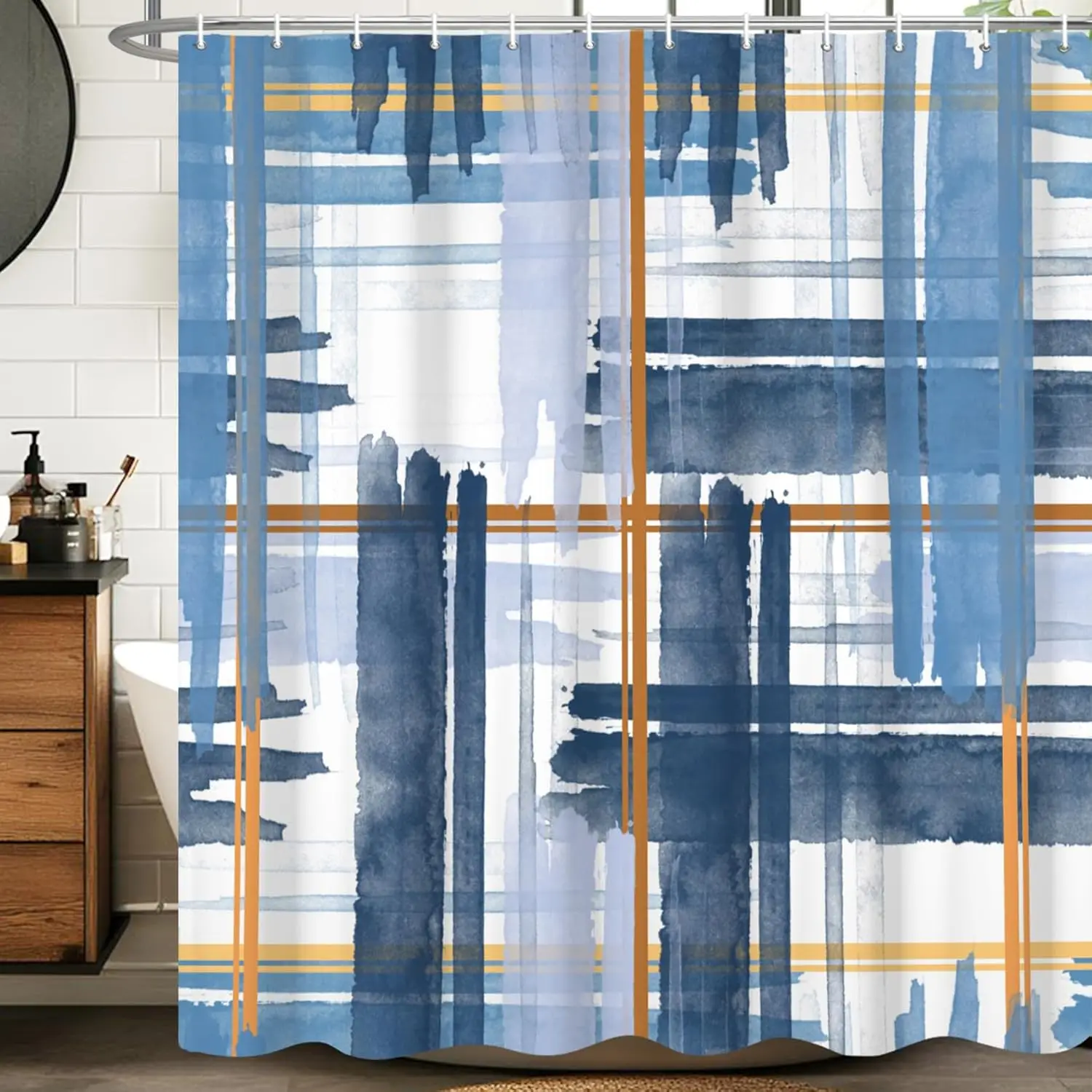 

Абстрактная синяя акварельная шторка для душа с оранжевыми полосами, современный художественный дизайн, декор для ванной комнаты для дома