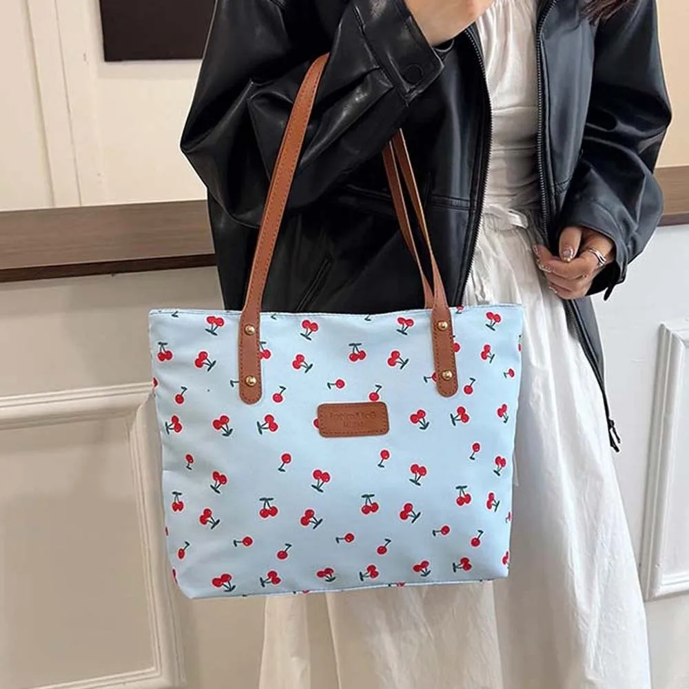 Korean Style Cherry Printed Tote Bag Solid Color Large Capacity Patterned Canvas Handbag Trendy Commuting Pouch