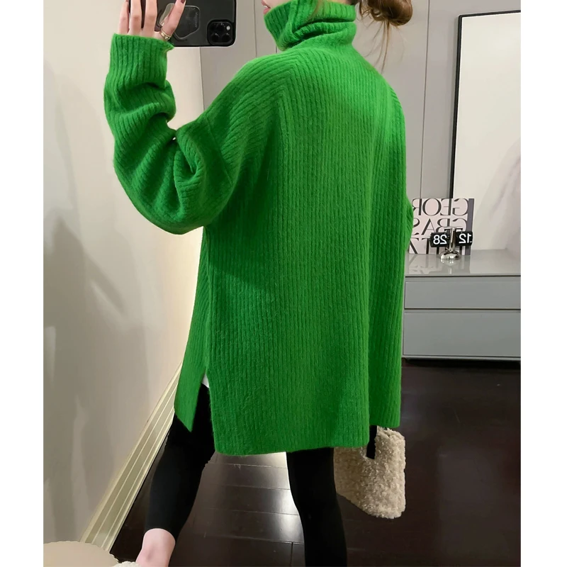 Women Simple Casual Oversized Turtleneck Knitted Sweater 2023 Autumn Winter Trendy Split Long Sleeve Pullover Tunic Tops Jumpers