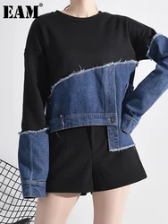 [EAM] Loose Fit Denim Burr Split Asymmetrical Sweatshirt New Round Neck Long Sleeve Women Big Size Fashion Spring 2024 1M87901