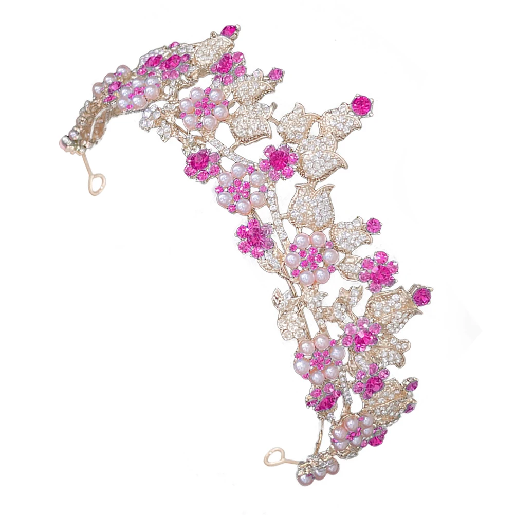 

Woman Tiara Crown Bridal Crowns The Banner Wedding Rosy Imitation Pearls Shower