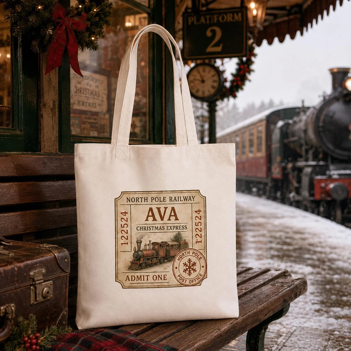 North Pole Railway Ticket Christmas Tote Bag, Custom Name Vintage Train Canvas Bag, Unique Xmas Gift Bag for Children.