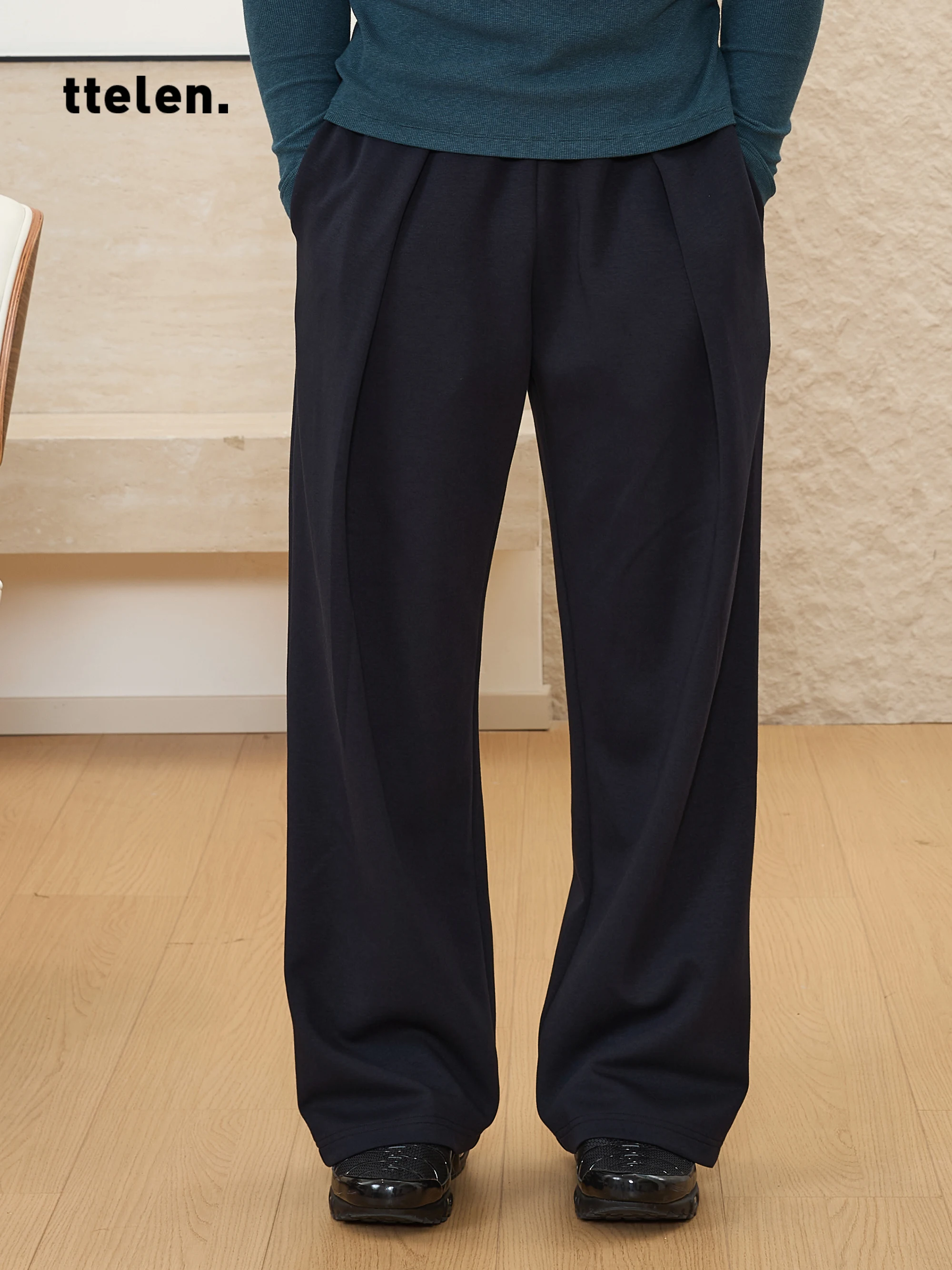 

Casual Loose Men's Straight Leg Pants Air Layered Fitn Trousers Autumn Cotton Polyester Blend High Waist Elastic Waisand