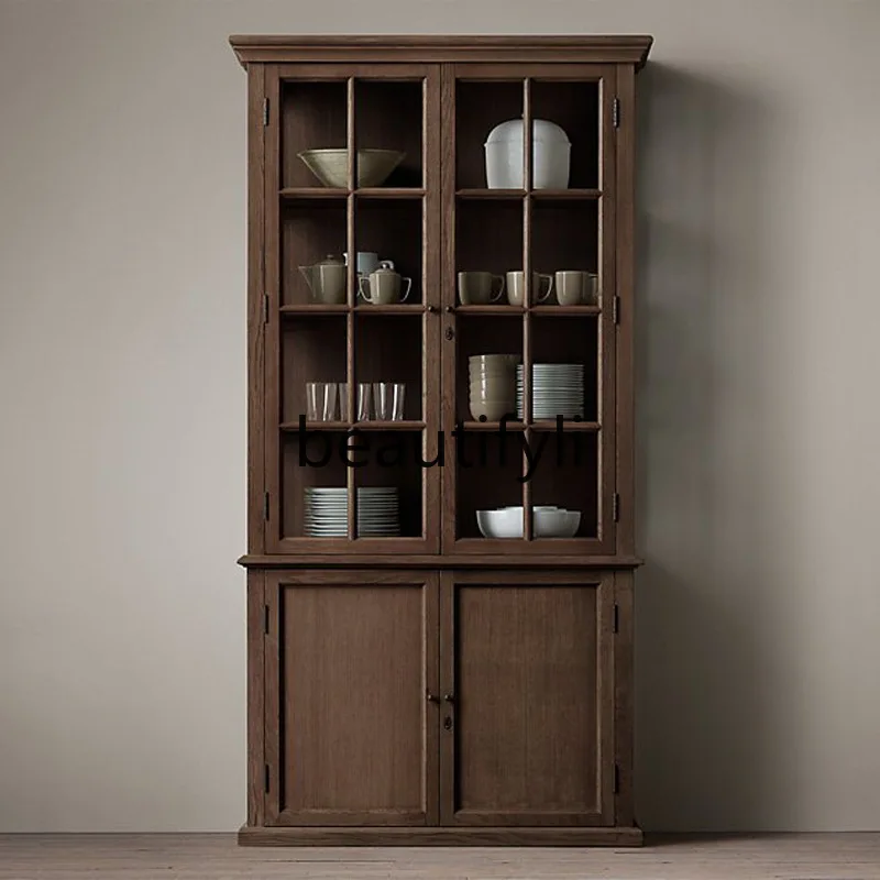 

North American Retro Sideboard Wine Cabinet French Antique Storage Cabinet with Locks All Solid Wood Display Cabinet